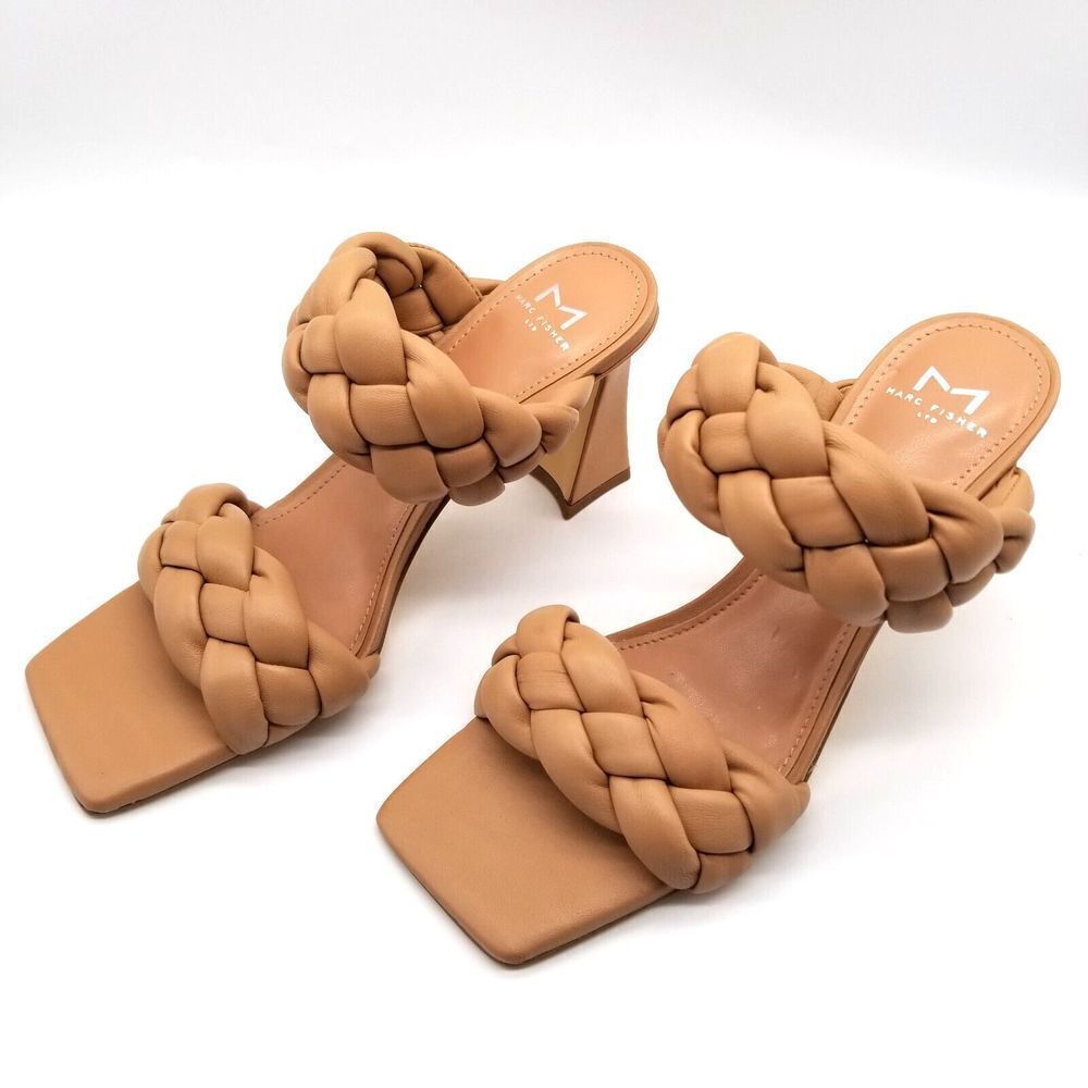 Marc Fisher Women Hammy Heeled Slide Sandals Size 6 Beige Tan Leather Braided